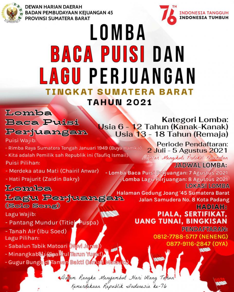 Flayer Lomba Baca Puisi dan Lagu Perjuangan yang digelar oleh DHD BPK 45 Sumbar. (Dok. Istimewa)